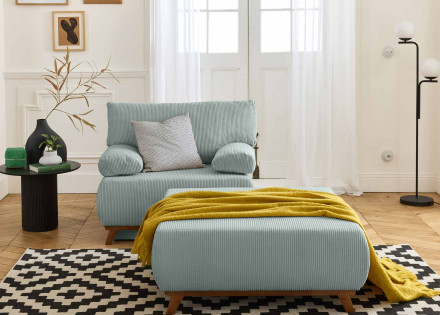Fauteuil convertible avec coffre et grand pouf en velours côtelé Cristal