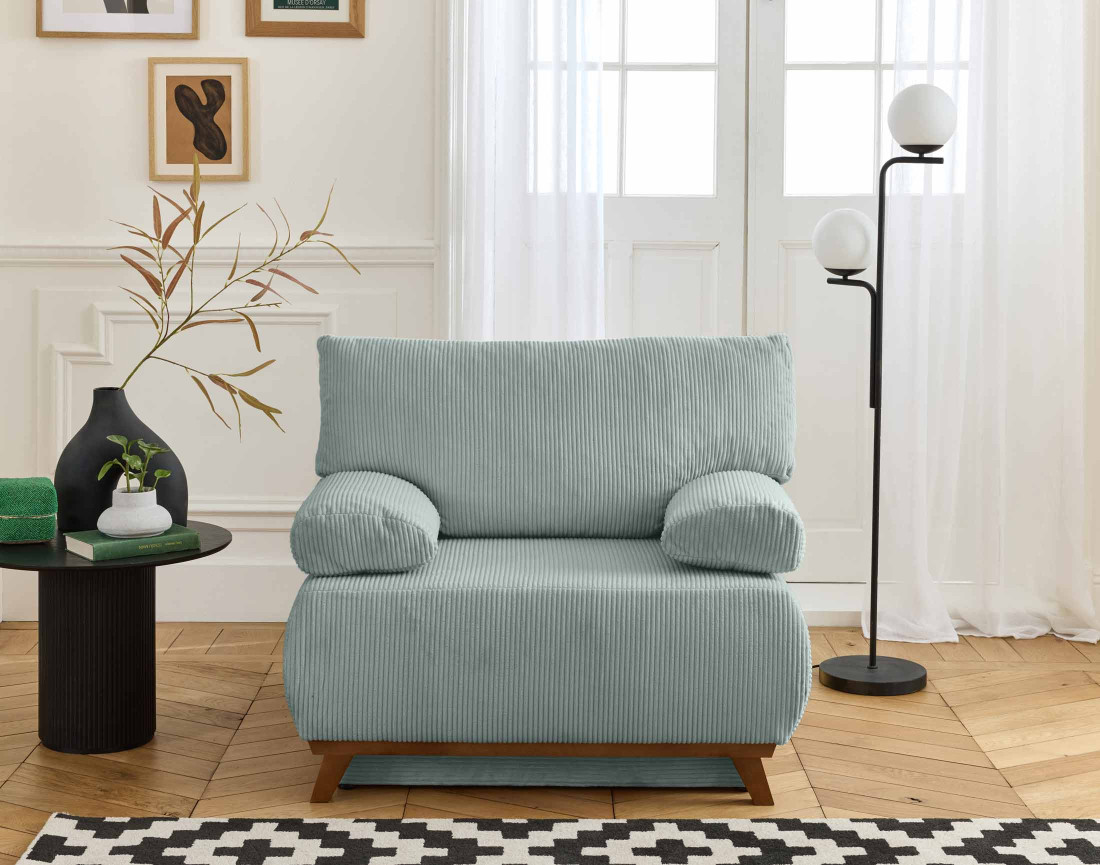 Fauteuil convertible avec coffre et grand pouf en velours côtelé Cristal