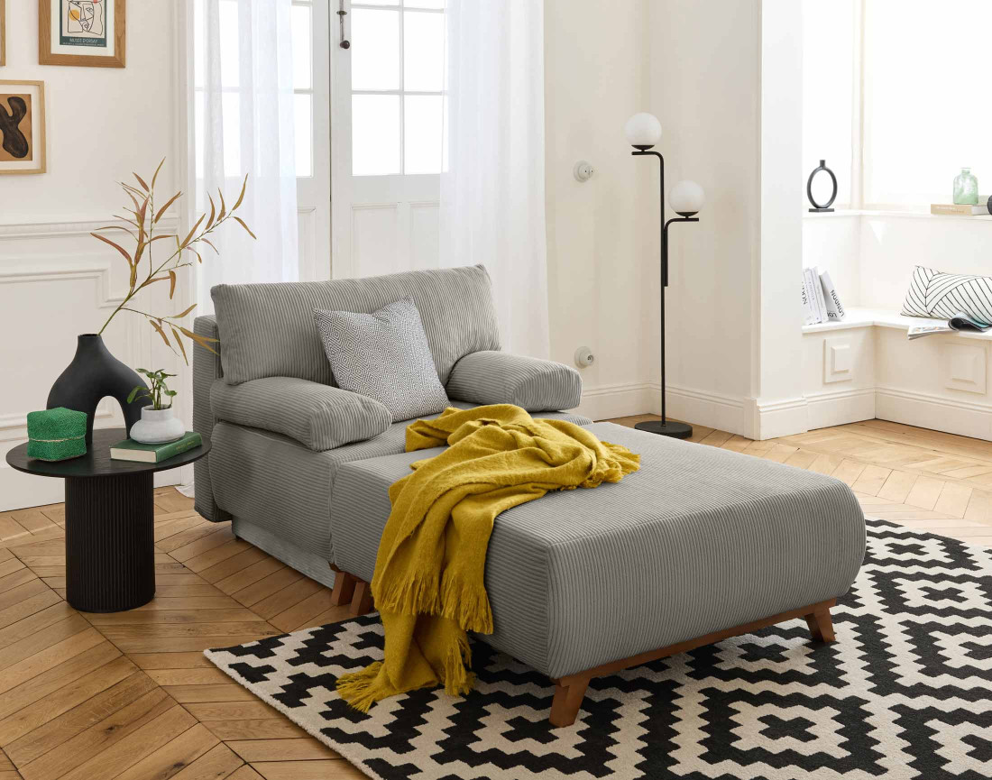 Fauteuil convertible avec coffre et grand pouf en velours côtelé Cristal