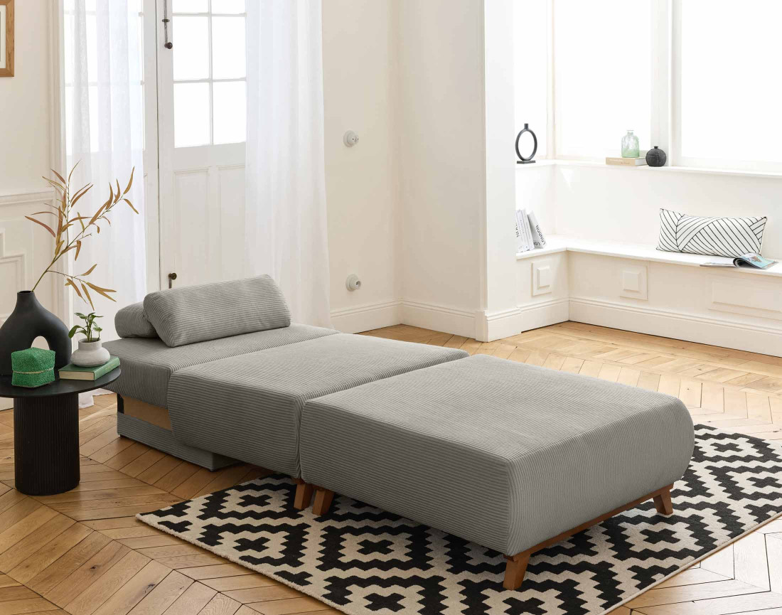 Fauteuil convertible avec coffre et grand pouf en velours côtelé Cristal