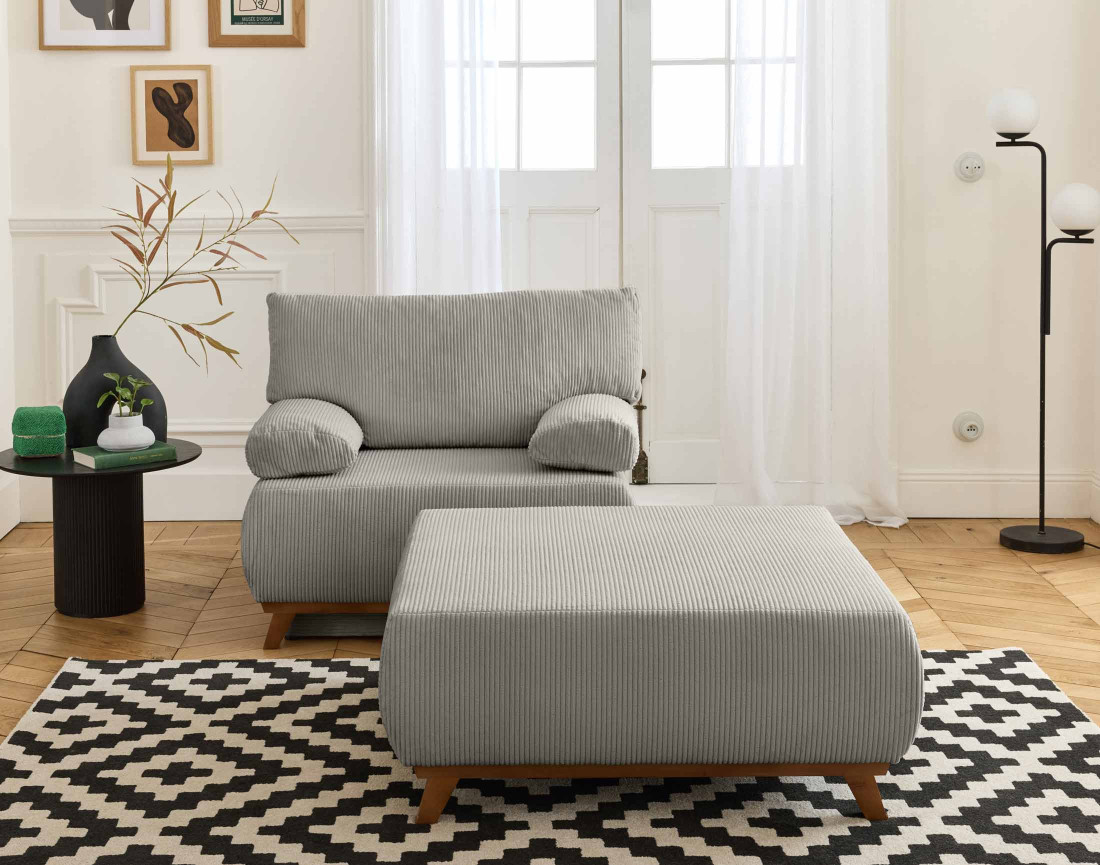 Fauteuil convertible avec coffre et grand pouf en velours côtelé Cristal