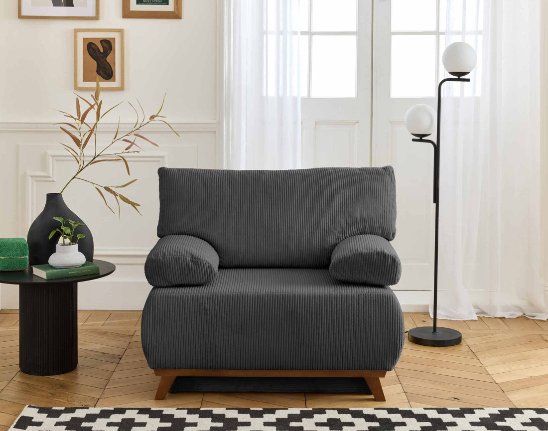 Fauteuil convertible avec coffre et grand pouf en velours côtelé Cristal