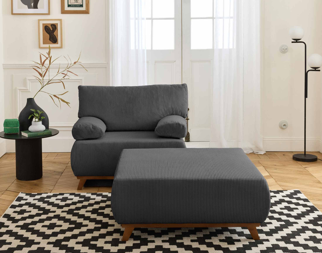 Fauteuil convertible avec coffre et grand pouf en velours côtelé Cristal