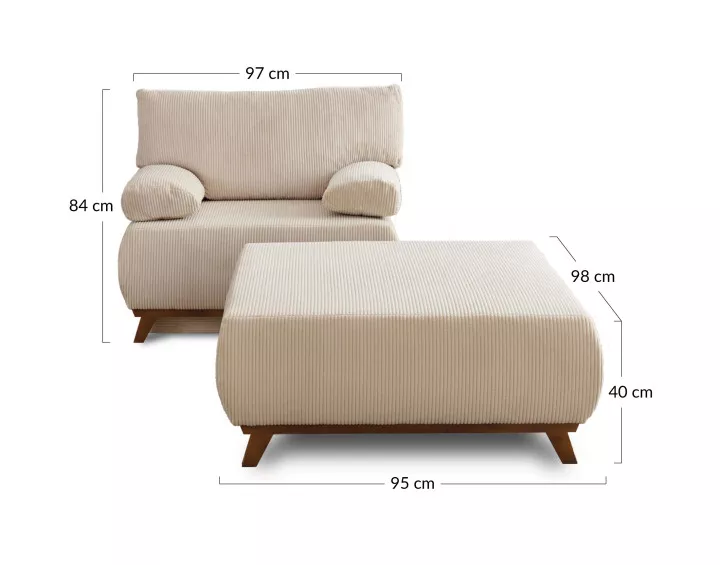 Fauteuil convertible avec coffre et grand pouf en velours côtelé Cristal