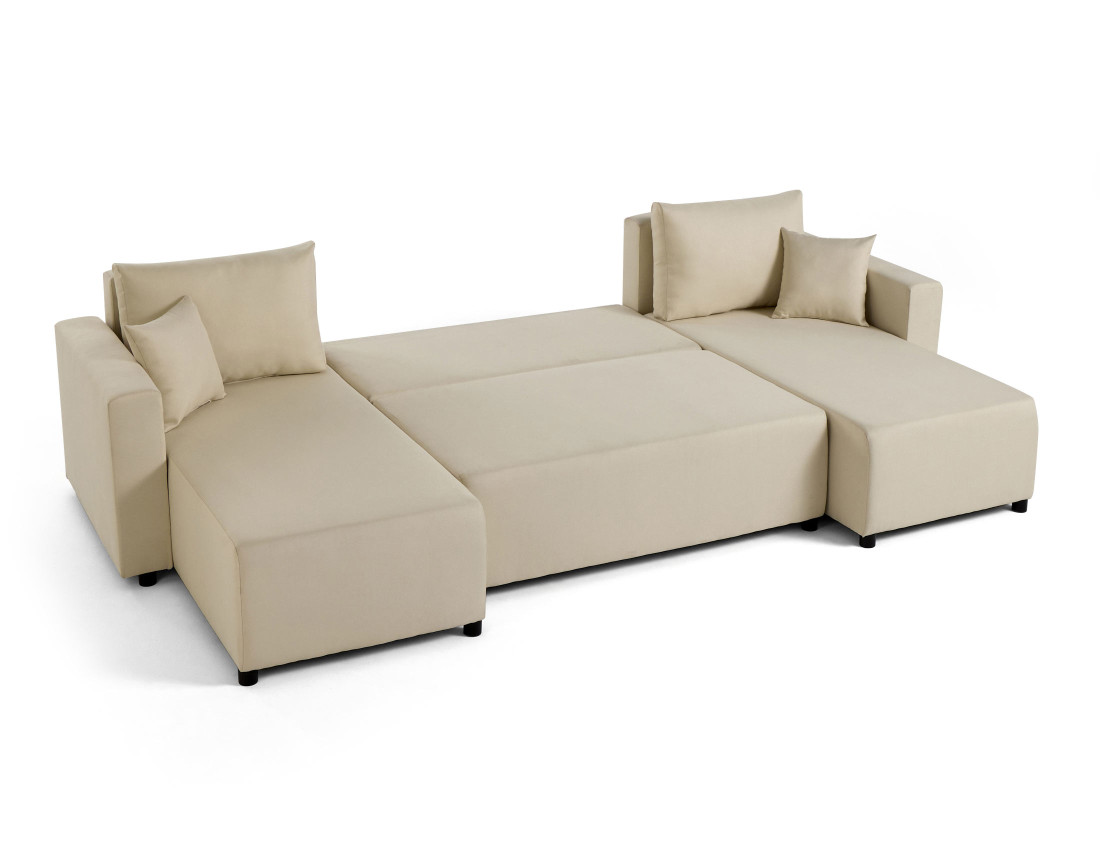 Canapé panoramique 7 places convertible avec coffre en tissu Regala Canapé panoramique 7 places convertible avec coffre en tissu Regala