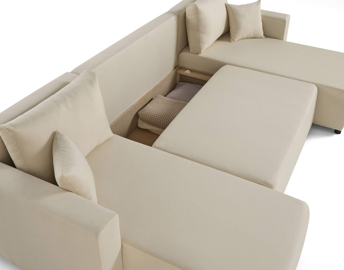 Canapé panoramique 7 places convertible avec coffre en tissu Regala Canapé panoramique 7 places convertible avec coffre en tissu Regala