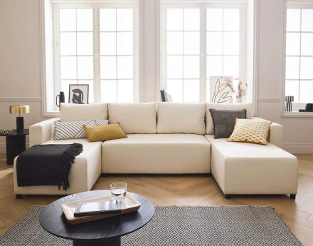 Canapé panoramique 7 places convertible avec coffre en tissu Regala