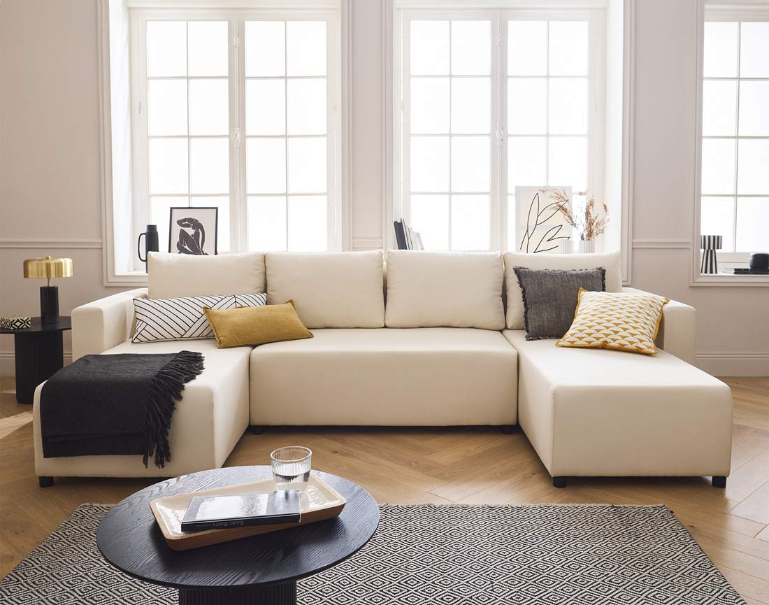 Canapé panoramique 7 places convertible avec coffre en tissu Regala Canapé panoramique 7 places convertible avec coffre en tissu Regala