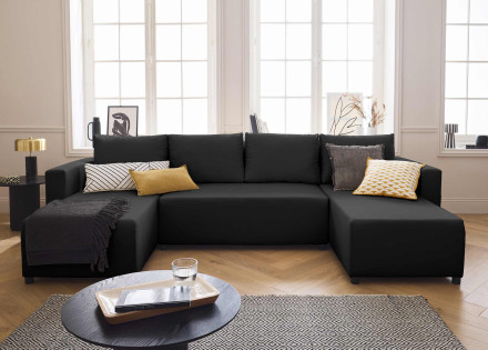 Canapé panoramique 7 places convertible avec coffre en tissu Regala