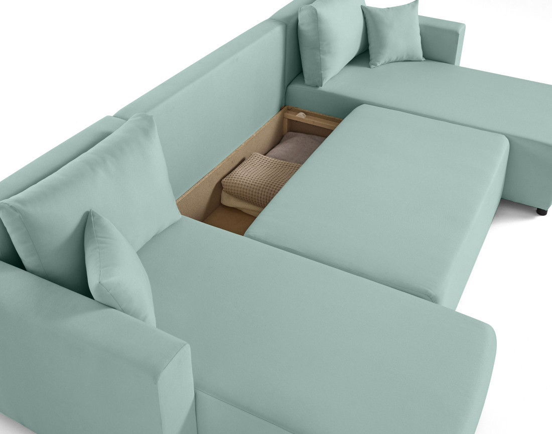 Canapé panoramique 7 places convertible avec coffre en tissu Regala
