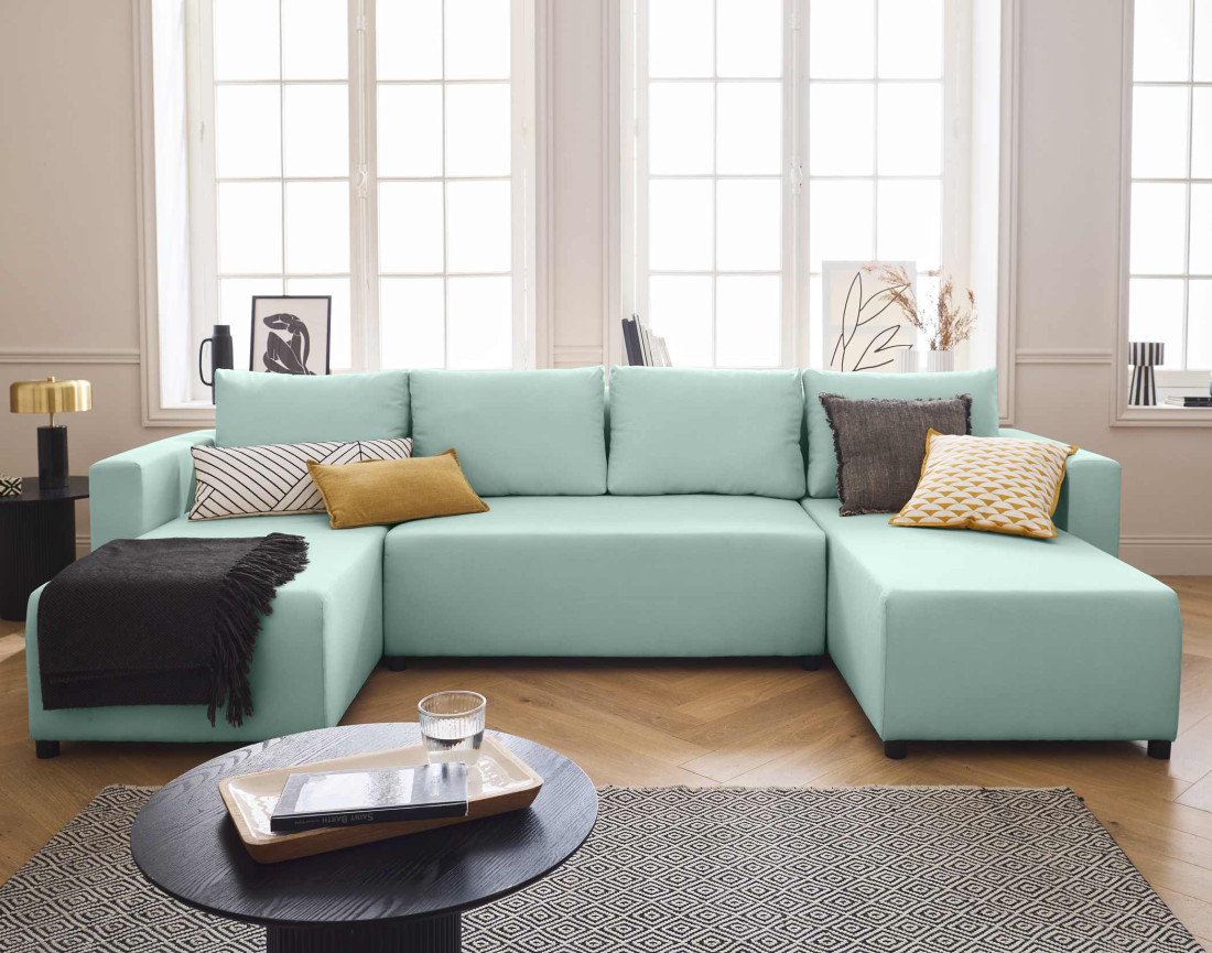 Canapé panoramique 7 places convertible avec coffre en tissu Regala