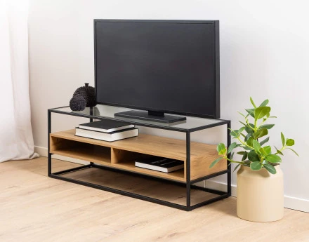Meuble TV en bois, verre et métal noir 2 niches 120 cm Parker