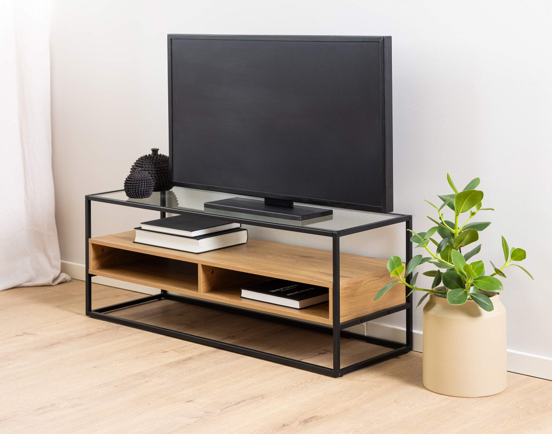 Meuble TV en bois, verre et métal noir 2 niches 120 cm Parker