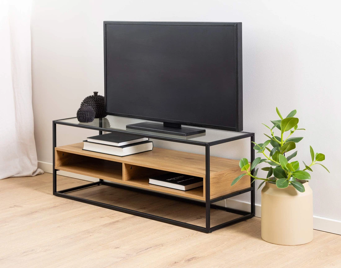 Meuble TV en bois, verre et métal noir 2 niches 120 cm Parker