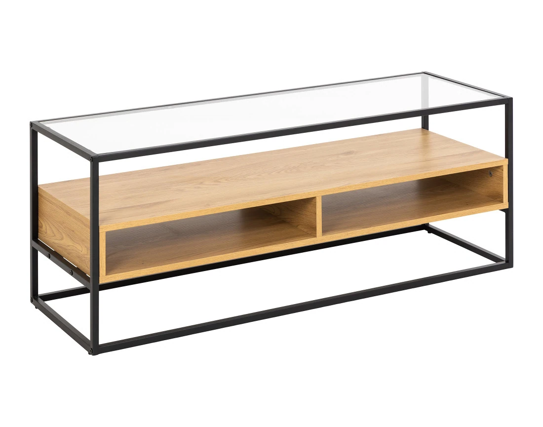 Meuble TV en bois, verre et métal noir 2 niches 120 cm Parker
