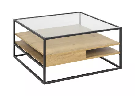 Table basse en bois, verre et métal noir 80 cm Parker