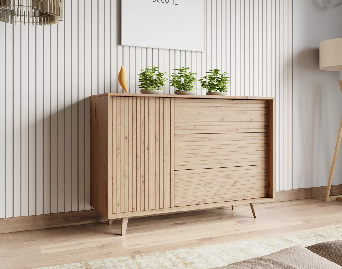 Buffet bois 3 tiroirs et 1 porte 120cm Diego