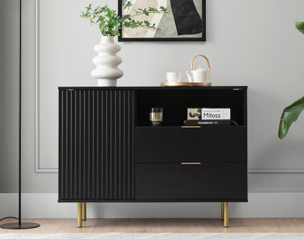 Buffet noir 2 tiroirs, 1 porte et 1 niche 107cm Monica
