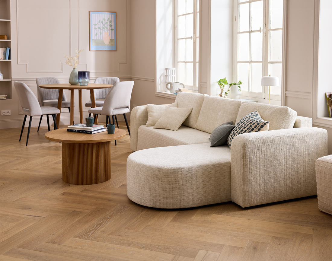 Canapé d'angle réversible 4 places convertible avec coffre en velours texturé Miro