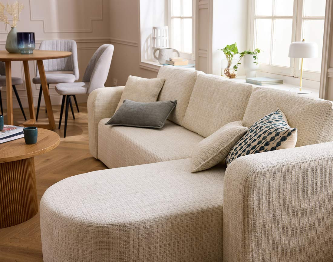 Canapé d'angle réversible 4 places convertible avec coffre en velours texturé Miro