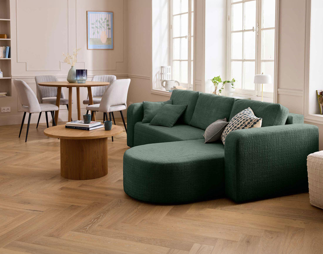 Canapé d'angle réversible 4 places convertible avec coffre en velours texturé Miro