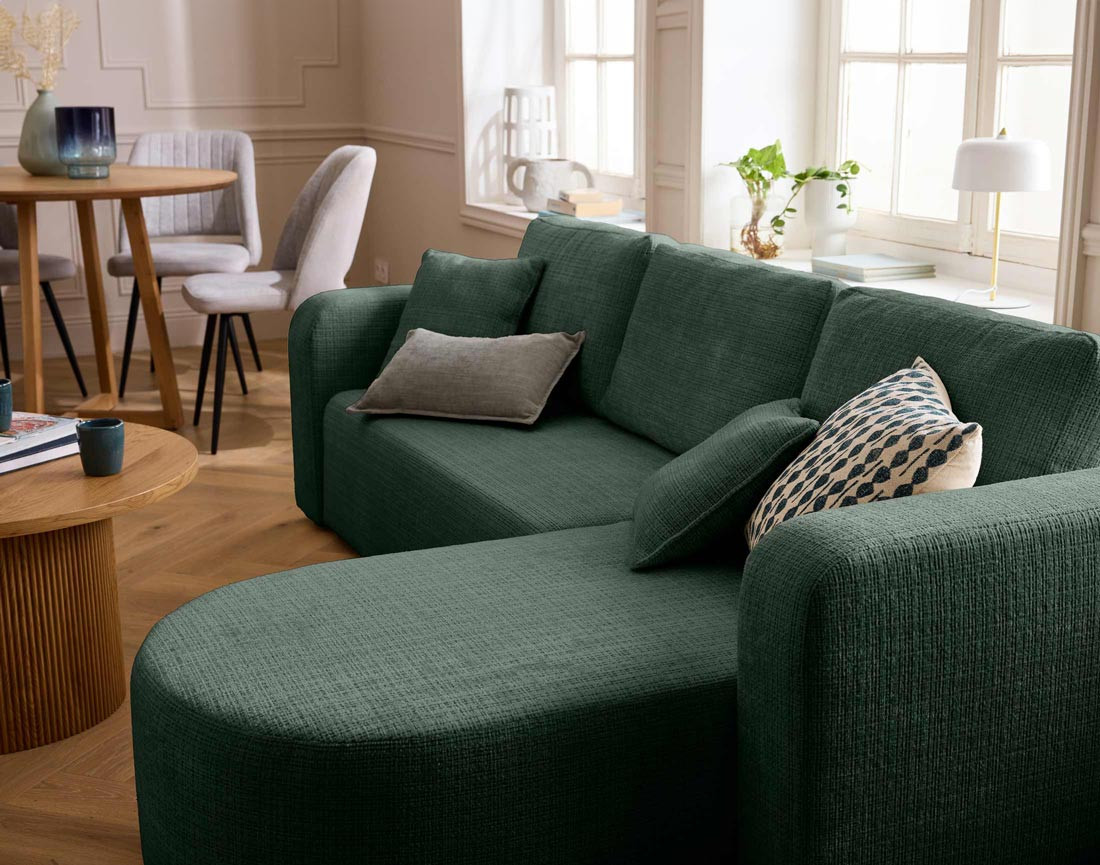 Canapé d'angle réversible 4 places convertible avec coffre en velours texturé Miro