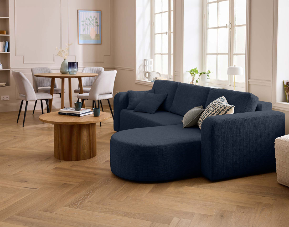 Canapé d'angle réversible 4 places convertible avec coffre en velours texturé Miro