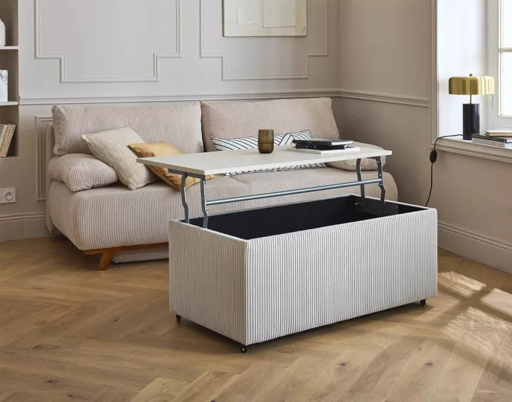 Table basse avec plateau relevable et coffre en velours côtelé 107 cm Pirae