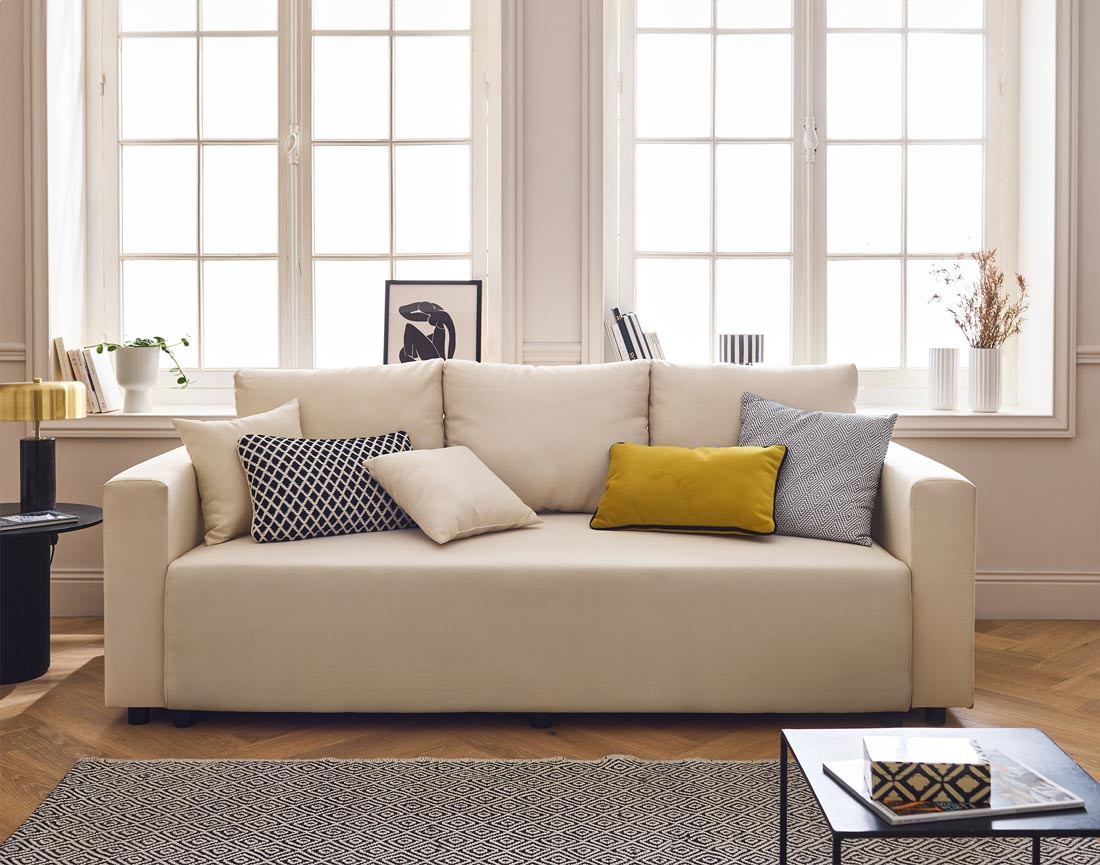 Canapé 3 places convertible avec coffre en tissu Regala Canapé 3 places convertible avec coffre en tissu Regala