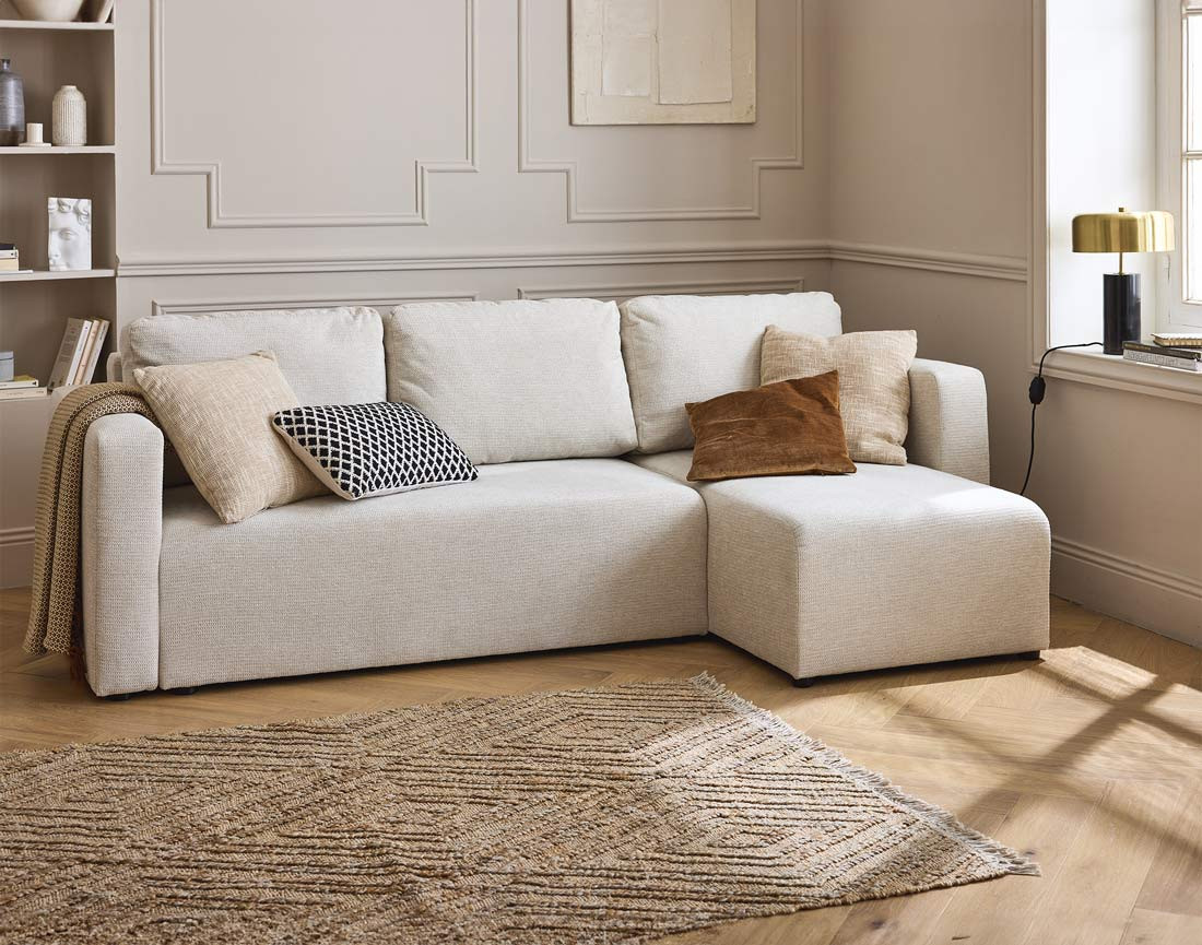 Canapé d'angle réversible 4 places convertible avec coffre en tissu texturé Canopy Canapé d'angle réversible 4 places convertible avec coffre en tissu texturé Canopy