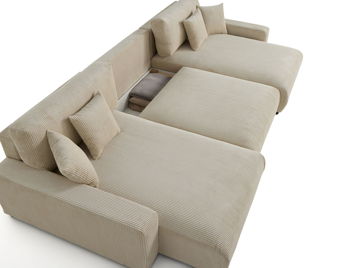 Canapé panoramique en U 7 places convertible avec coffre en velours côtelé Pivoine Canapé panoramique en U 7 places convertible avec coffre en velours côtelé Pivoine