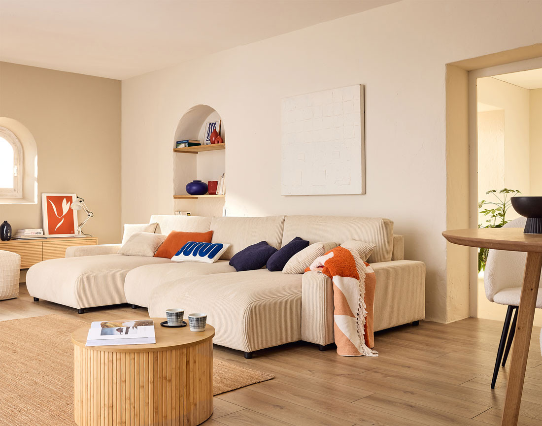 Canapé panoramique en U 7 places convertible avec coffre en velours côtelé Pivoine Canapé panoramique en U 7 places convertible avec coffre en velours côtelé Pivoine