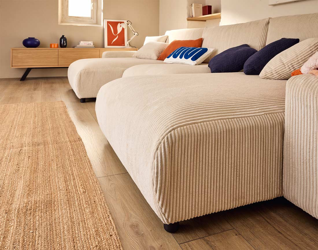 Canapé panoramique en U 7 places convertible avec coffre en velours côtelé Pivoine Canapé panoramique en U 7 places convertible avec coffre en velours côtelé Pivoine