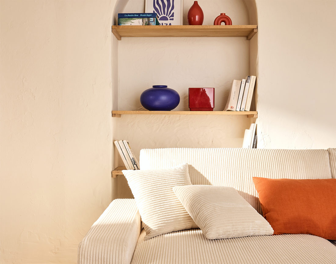 Canapé panoramique en U 7 places convertible avec coffre en velours côtelé Pivoine Canapé panoramique en U 7 places convertible avec coffre en velours côtelé Pivoine