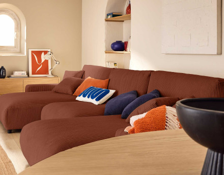 Canapé panoramique en U 7 places convertible avec coffre en velours côtelé Pivoine