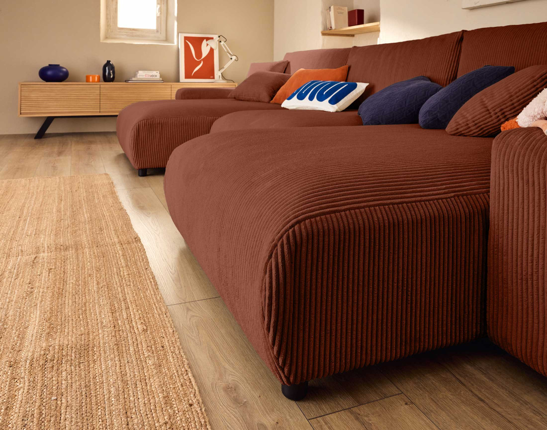 Canapé panoramique en U 7 places convertible avec coffre en velours côtelé Pivoine