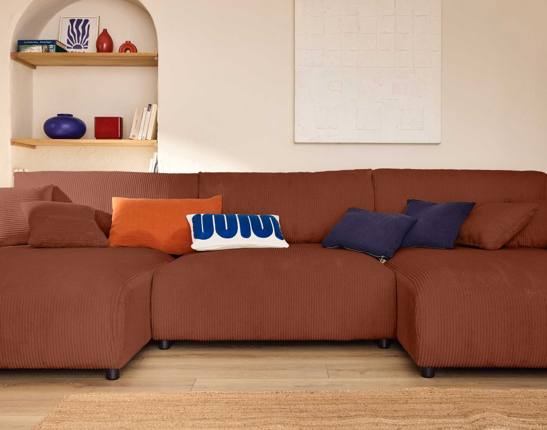 Canapé panoramique en U 7 places convertible avec coffre en velours côtelé Pivoine