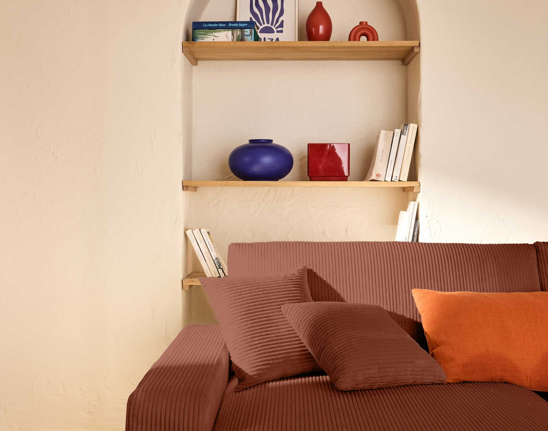 Canapé panoramique en U 7 places convertible avec coffre en velours côtelé Pivoine