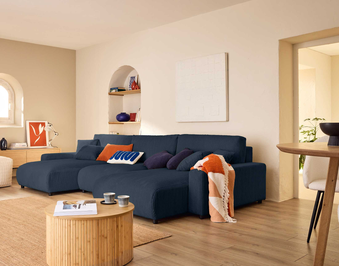 Canapé panoramique en U 7 places convertible avec coffre en velours côtelé Pivoine