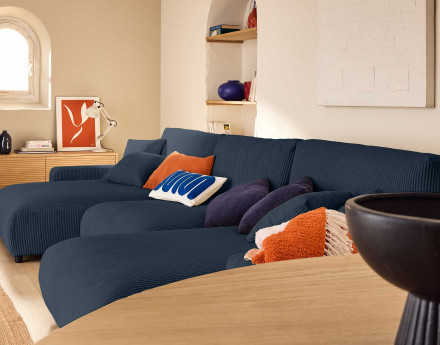 Canapé panoramique en U 7 places convertible avec coffre en velours côtelé Pivoine