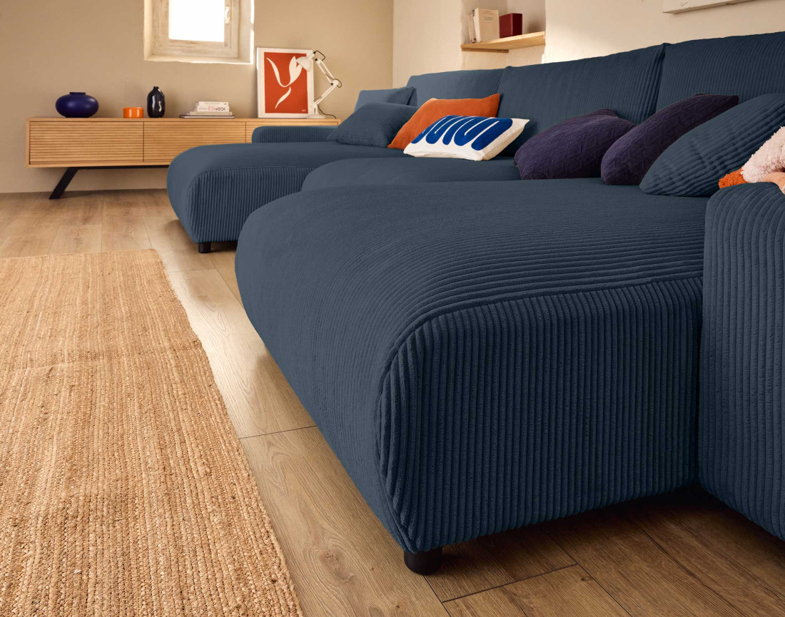 Canapé panoramique en U 7 places convertible avec coffre en velours côtelé Pivoine