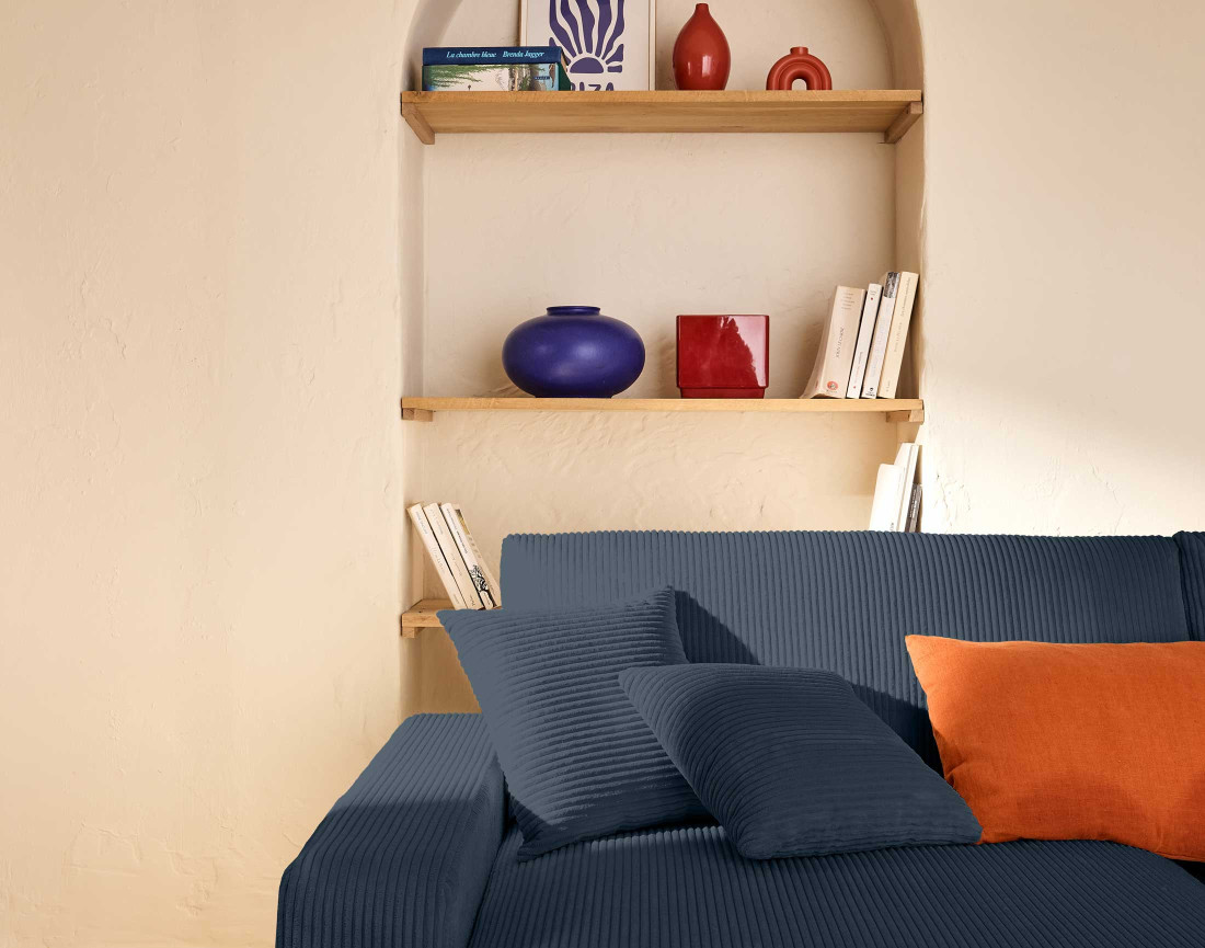 Canapé panoramique en U 7 places convertible avec coffre en velours côtelé Pivoine