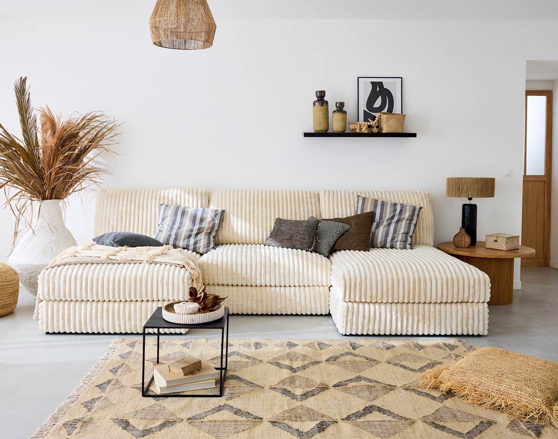 Canapé panoramique modulable en fausse fourrure côtelée