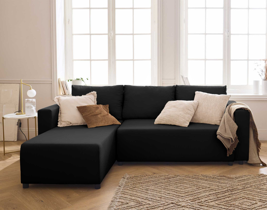 Canapé d'angle réversible 4 places convertible avec coffre en tissu Regala Canapé d'angle réversible 4 places convertible avec coffre en tissu Regala