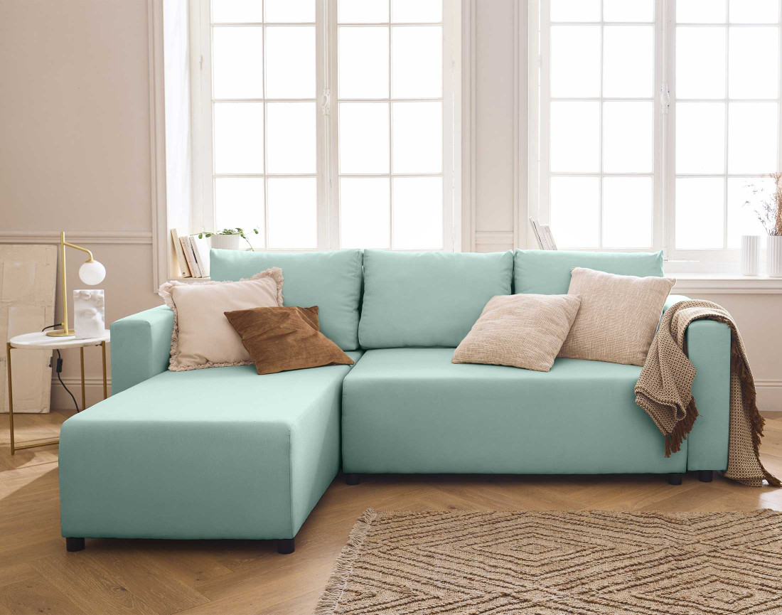 Canapé d'angle réversible 4 places convertible avec coffre en tissu Regala