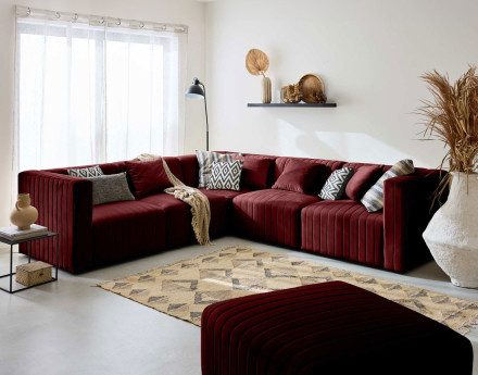 Canapé modulable d'angle réversible 6 places avec pouf d'appoint en velours Nova