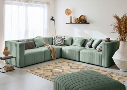 Canapé modulable d'angle réversible 6 places avec pouf d'appoint en velours Nova