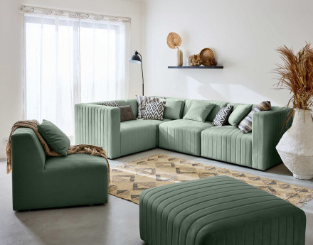 Canapé modulable d'angle réversible 6 places avec pouf d'appoint en velours Nova