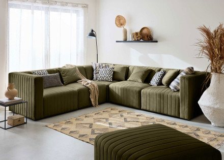 Canapé modulable d'angle réversible 6 places avec pouf d'appoint en velours Nova