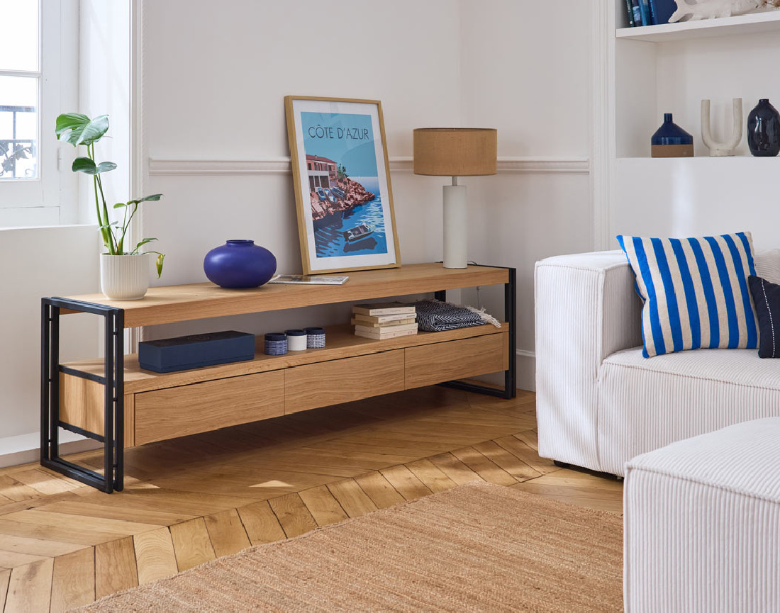 Meuble TV bois et noir 3 tiroirs 200 cm Bogota